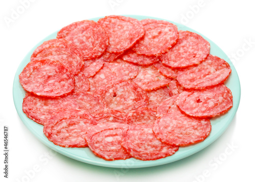 Photo: tasty sausage on plate, isolated on white tasty sausage on plate, isolated on white