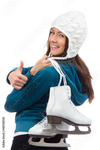 Photo: woman with ice skates thumb up woman with ice skates thumb up