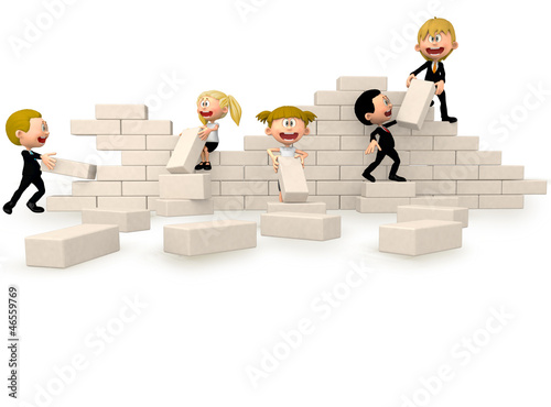 Illustration: 3D business people building a wall 3D business people building a wall