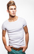 Attractive man wearing T-shirt close up portrait