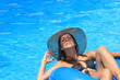 Woman in bikini and hat is in the water