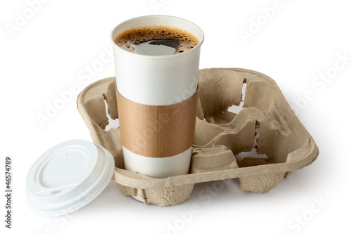 Photo: Opened take-out coffee in holder Opened take-out coffee in holder