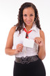 Photo: hostess showing her badge hostess showing her badge