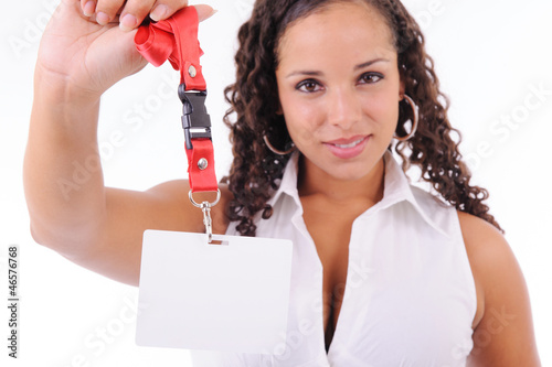 Photo: hostess showing her badge hostess showing her badge