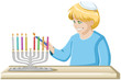 Vektor: A Boy Lights A Hanukkiah Candle A Boy Lights A Hanukkiah Candle