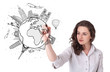 Young woman drawing a globe on whiteboard