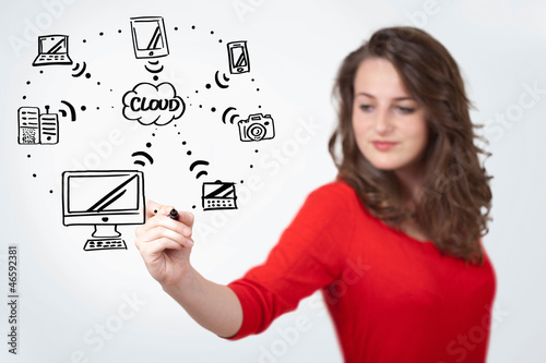 Photo: Young woman drawing a cloud computing on whiteboard Young woman drawing a cloud computing on whiteboard