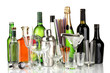 Collection of various glasses and drinks isolated on white