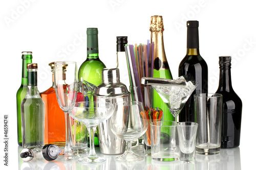 Photo: Collection of various glasses and drinks isolated on white Collection of various glasses and drinks isolated on white