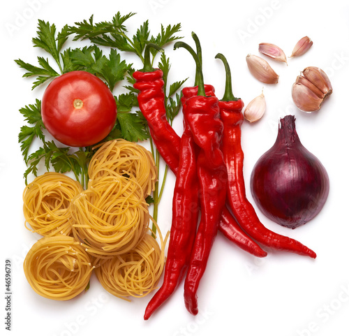 Photo: Italian pasta with tomato, onion, herbs, garlic, peppers. Italian pasta with tomato, onion, herbs, garlic, peppers.