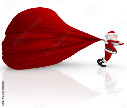 Illustration: 3D Santa carrying a heavy gift sack 3D Santa carrying a heavy gift sack
