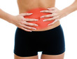 Close up view of woman suffering from stomach ache.