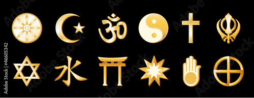 Illustration: World Religions, symbols of international faiths, gold icons World Religions, symbols of international faiths, gold icons