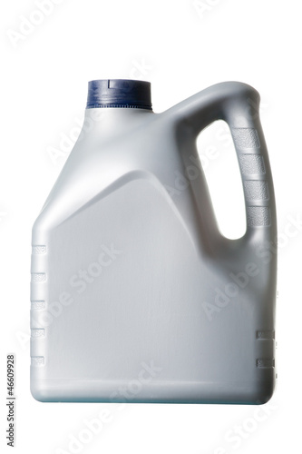 Photo: grey canister with machine oil on white background grey canister with machine oil on white background