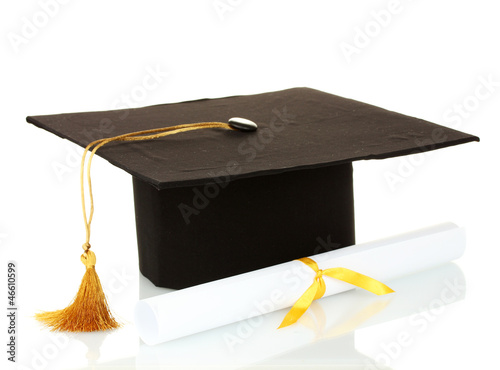 Photo: Grad hat and diploma isolated on white Grad hat and diploma isolated on white
