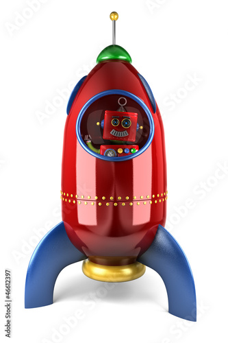 Illustration: Happy robot in rocket over white background Happy robot in rocket over white background