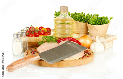 Photo: composition of raw meat, vegetables and spices isolated on composition of raw meat, vegetables and spices isolated on