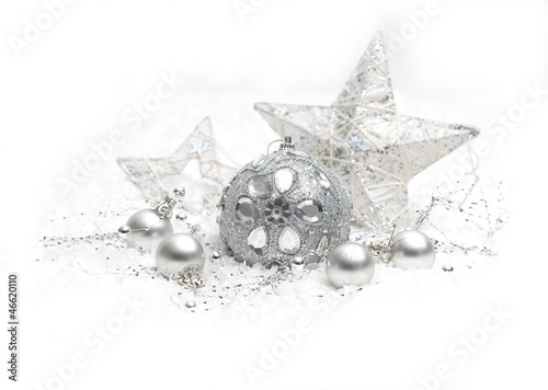 Photo: Silver Christmas bauble on white background Silver Christmas bauble on white background