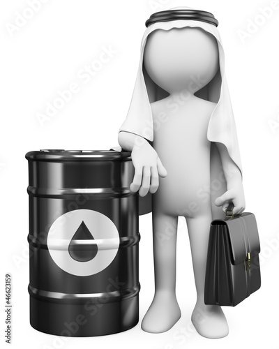 Illustration: 3D white people. Arab man with a barrel of oil 3D white people. Arab man with a barrel of oil