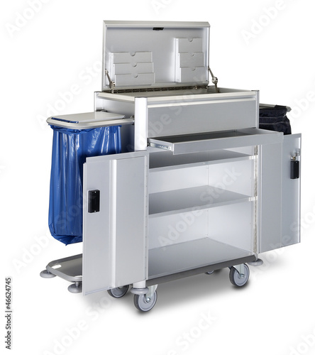 Photo: The hotel cleaning tool cart isolated The hotel cleaning tool cart isolated