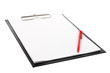Black clip board with blank paper and pen