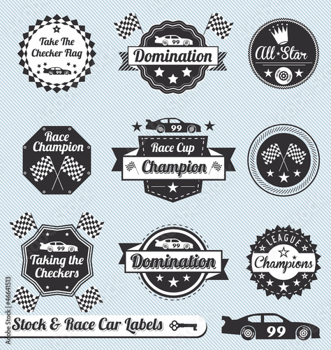 Vector: Vector Set: Racing Car Champion Labels and Icons Vector Set: Racing Car Champion Labels and Icons