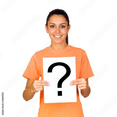 Photo: Girl Holding a Blank Paper with a Question Mark Girl Holding a Blank Paper with a Question Mark