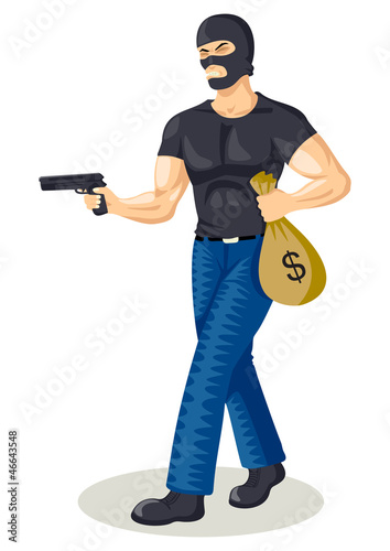 Vector: Illustration of a robber holding a gun and a bag of money Illustration of a robber holding a gun and a bag of money