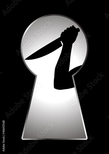 Vector: Human hand holding a knife seen through a key hole Human hand holding a knife seen through a key hole