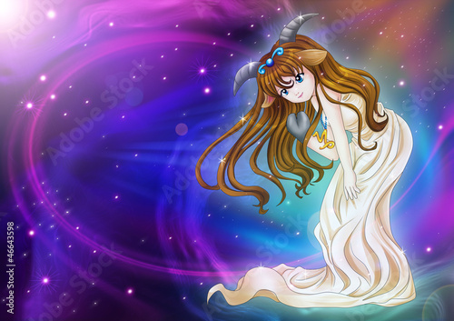  Manga style of zodiac sign on cosmic background, Capricorn