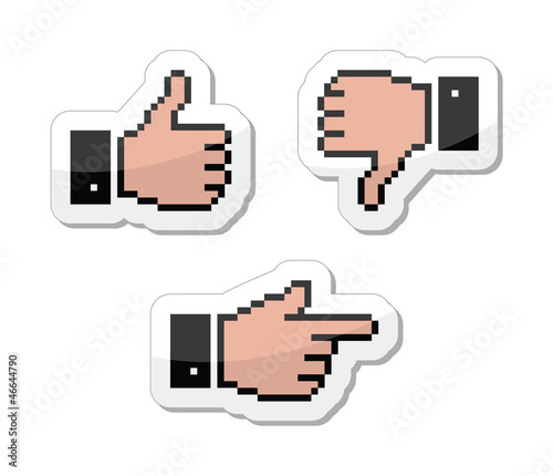 Vector: Pixel cursor icons - thumb up, like it, pointing hand Pixel cursor icons - thumb up, like it, pointing hand