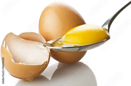 Photo: Broken egg close up on the spoon Broken egg close up on the spoon