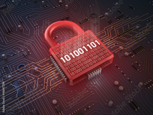 Illustration: Firewall lock on mainboard , concept background Firewall lock on mainboard , concept background
