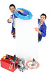male duo of plumbers with tools