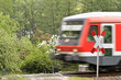 Eisenbahn fährt über Bahnübergang