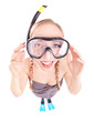 Funny woman in snorkeling gear, isolated studio shot