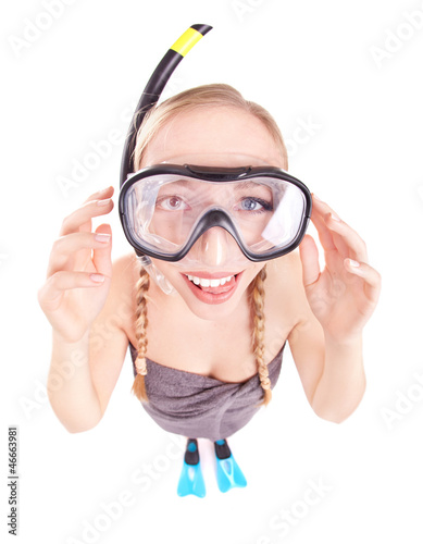 Photo: Funny woman in snorkeling gear, isolated studio shot Funny woman in snorkeling gear, isolated studio shot