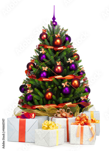 Photo: Decorated Christmas tree on white background Decorated Christmas tree on white background