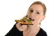 Woman eating pizza, isolated on white
