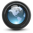 Vektor: Camera photo lens with earth globe inside, vector. Camera photo lens with earth globe inside, vector.