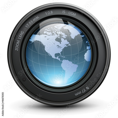 Vector: Camera photo lens with earth globe inside, vector. Camera photo lens with earth globe inside, vector.