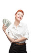 happy smiling business woman holding money