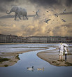 View of a Flying Elephant in the fantastic city