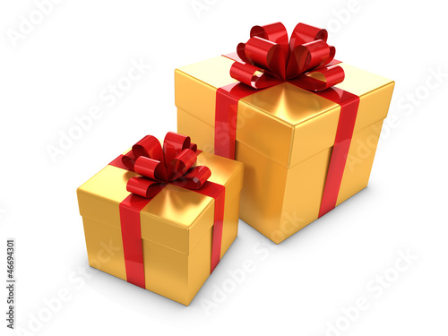 Illustration: Two Gold Gift boxes with red bows and ribbons Two Gold Gift boxes with red bows and ribbons