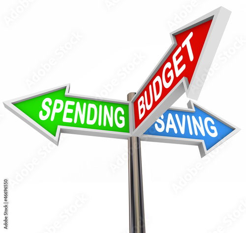 Illustration: Spending Saving Budget Three Road Signs Arrows Spending Saving Budget Three Road Signs Arrows