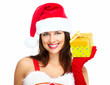 Santa helper Christmas girl with a present.