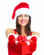 Santa helper Christmas girl with a present.