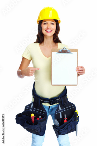 Photo: Young smiling contractor woman. Young smiling contractor woman.
