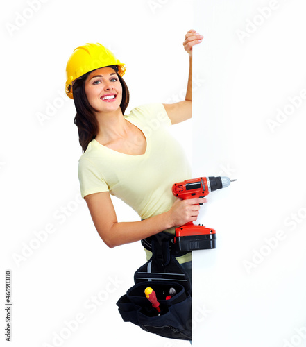 Photo: Young smiling contractor woman. Young smiling contractor woman.