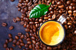 Cup of Coffee with Beans and Leaf